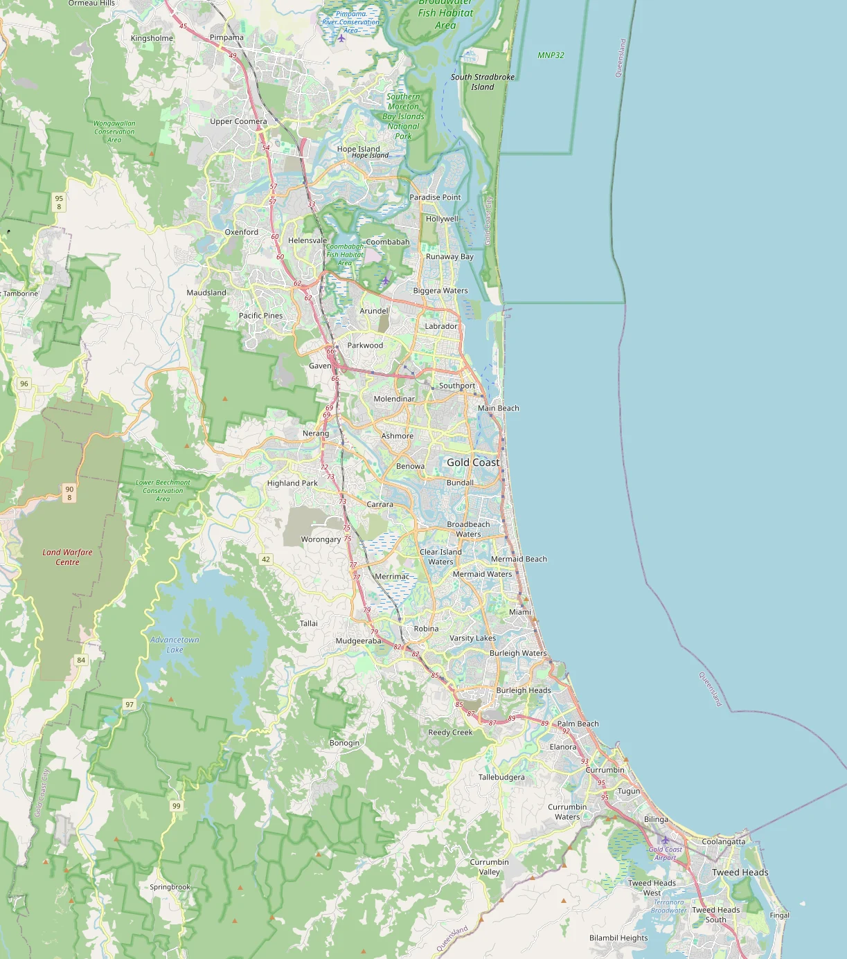 Map of the Gold Coast with the six areas Gymtechs covers marked and the Maroochydore workshop