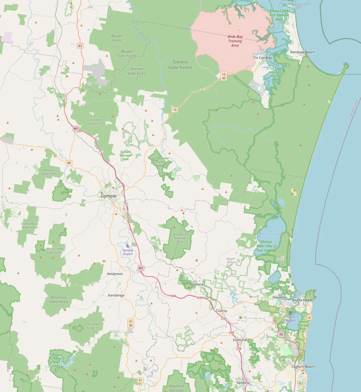 Map of the Sunshine Coast with the six areas Gymtechs covers marked and the Maroochydore workshop
