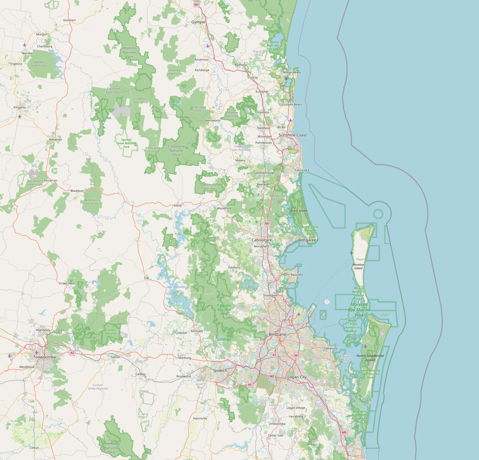 Map of South East Queensland from Gympie to Logan and the Redlands with the areas Gymtechs covers marked