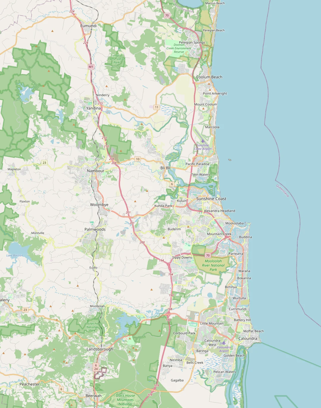 Map of the Sunshine Coast with the six areas Gymtechs covers marked and the Maroochydore workshop